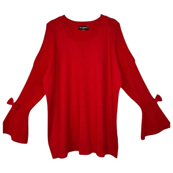 Karl Lagerfeld Paris Red Bow Tie Bell Sleeve Cold Shoulder Sweater XL Holiday - Picture 2 of 9